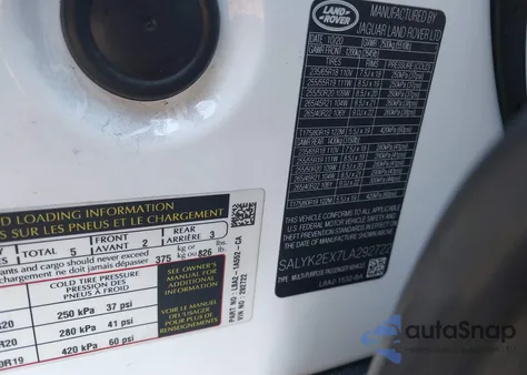 2020 Land Rover Range Rover Velar P250 R-Dynamic S из США, поврежденный, VIN SALYK2EX7LA292722